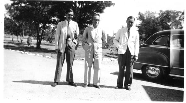 Dr. Ward, Dr. Hirsch and Dr. Adlington outside Que Que Hospital cirra 1948