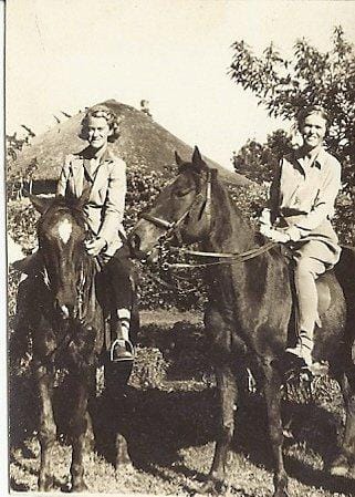 Sisters Joan (L) and Barbara (R) riding together at Herschel in 1939